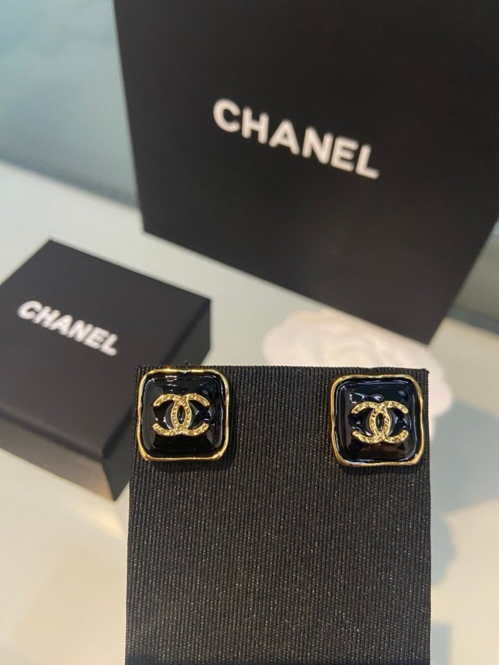 Chanel Gold-Tone Black Enamel Square CC Stud Earrings
